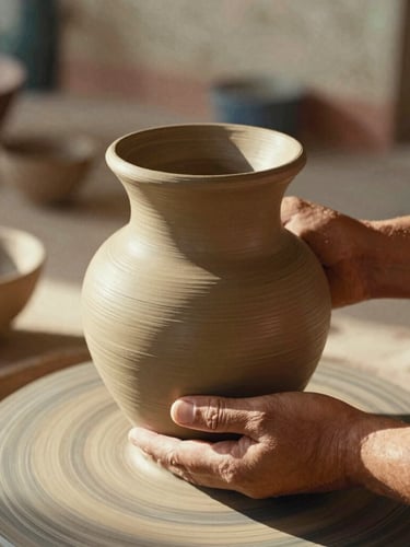 Close-up of hands holding an organic clay vessel in a sunlit Oaxacan workshop, warm natural light, 35mm film style.