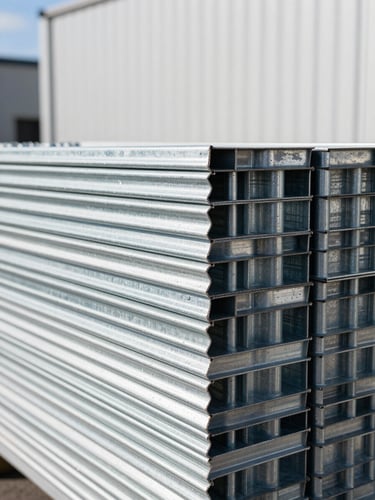High-resolution product close-up of hot-dip galvanized steel crowd control barriers stacked neatly in a bright Auckland warehouse, clean blue and white tones, sharp focus, 35mm lens