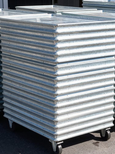 Bright outdoor commercial photography of clean hot-dip galvanized crowd control barriers stacked neatly in an Auckland dispatch yard, sharp focus, morning light.