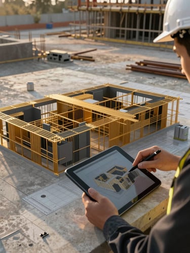 Close-up of an engineer analyzing a highly detailed 3D structural BIM model on a tablet over a clean, organized concrete construction site, morning light