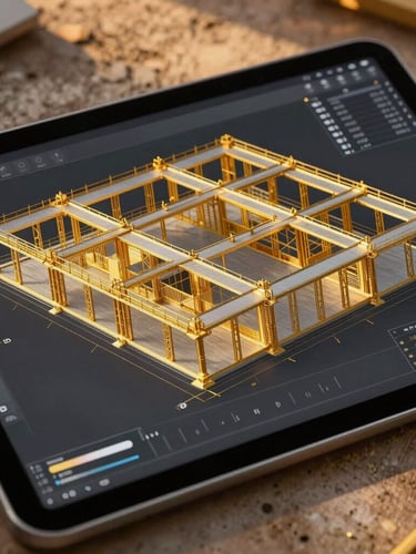 Close-up of a tablet displaying a complex BIM structural model on a clean construction site, golden hour lighting, precise gold accents, high-contrast premium feel.
