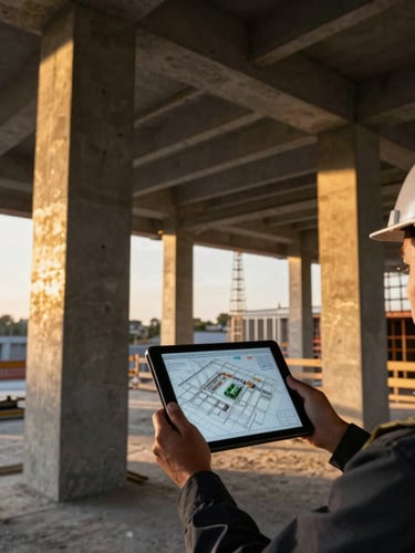 An engineer holding a tablet displaying a 3D BIM model on an organized high-end construction site, golden hour light reflecting on structural concrete columns, sharp focus