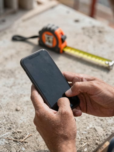 Close-up of rugged hands holding a smartphone on an active construction site, dusty tape measure in background, sharp focus, 35mm lens