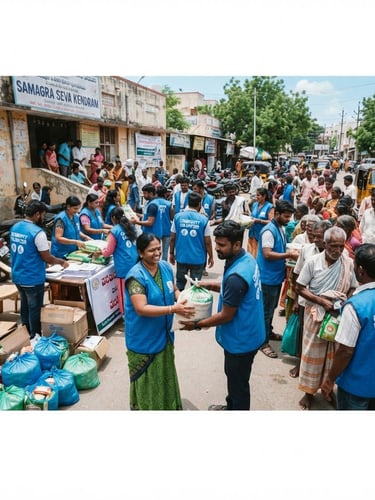 Wide environmental shot of active community volunteers in blue vests coordinating public welfare materials in Guntur under bright natural daylight