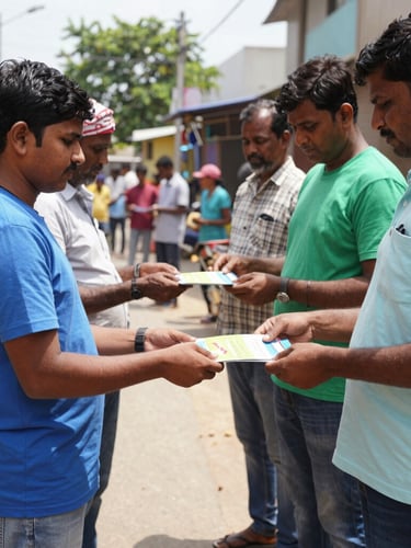 Documentary photo of local Guntur volunteers in bright natural daylight, distributing educational pamphlets to residents on a clean street, authentic setting, 35mm lens