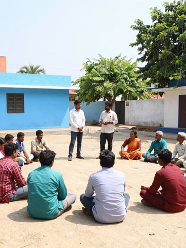 Wide environmental shot of a clean community gathering space in Guntur, local coordinators talking with residents, bright natural daylight, 35mm lens