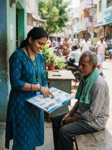 A local community coordinator in Guntur showing a printed civic guide to a resident, bright natural daylight, clean blue and green details, 35mm lens