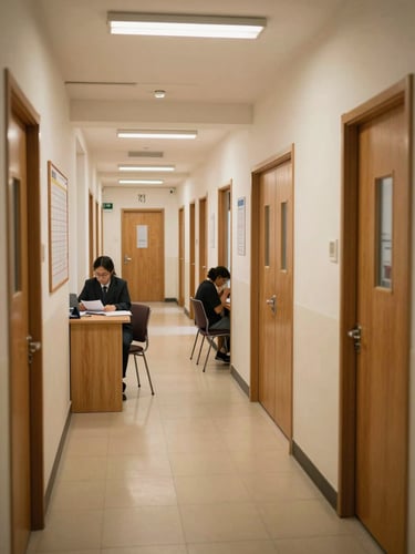 Wide environmental shot of a school dormitory corridor during structured study hours — rows of wooden doors, a housemaster seated at a desk at the far end reviewing records, overhead warm fluorescent lighting, a notice board with schedules visible on the left wall, students visible through a half-open doorway