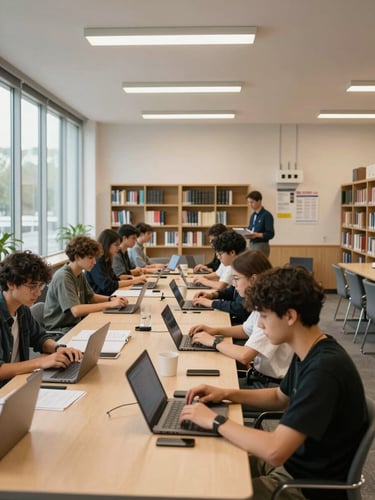 Wide shot of a student residence common lounge in active use — students seated at long tables with laptops open, a staff member visible near a Wi-Fi router panel on the far wall, warm overhead lighting, bookshelves and a notice board in the background, natural daylight from tall windows on the left