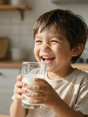 Close up of a happy child laughing, holding a glass of fresh milk with condensation on the glass, bright morning sunlight, soft shadows, warm rustic-modern kitchen background