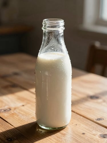 A condensation-covered glass milk bottle standing on a rustic wooden table in bright morning sunlight, soft shadows, shallow depth of field, 35mm