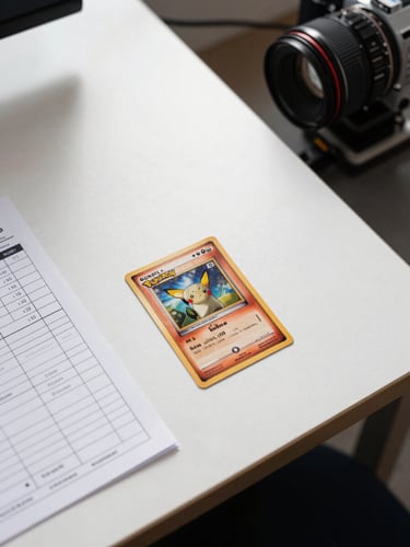 Overhead studio shot of a grading intake desk, a single vintage Pokémon card centered on a white mat under bright north-facing studio light, intake form beside it, no hands