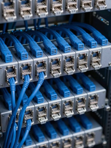 Macro shot of perfectly organized category 6A blue ethernet cabling inside a clean, dust-free server rack, cool technical lighting.