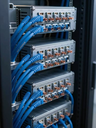 Close-up of structured cabling inside a clean server rack, pristine blue technical lighting, copper connections visible, high-contrast daylight, sharp focus on cables.