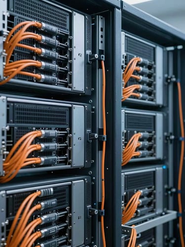 Vista lateral en perspectiva de un rack de servidores impecablemente ordenado, cableado estructurado azul y naranja perfectamente peinado, iluminación técnica fría y limpia.