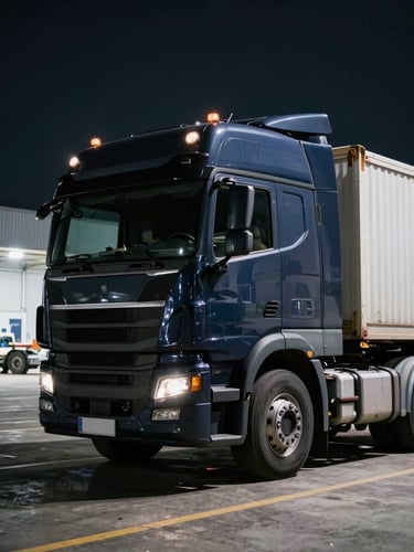 Low-angle dramatic industrial photograph of a modern heavy-duty truck parked in an illuminated logistics terminal at night, deep navy and metallic tones, sharp details, 35mm