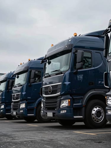 Heroic low-angle shot of a clean, modern heavy-duty truck fleet lined up in an industrial yard, overcast daylight, sharp details, 35mm