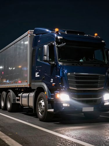 Dramatic low-angle shot of a modern heavy-duty truck on a highway at night, long exposure headlight trails, deep navy and metallic tones, sharp details, 35mm