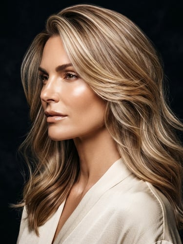 High-contrast editorial hair portrait, sharp studio lighting on dimensional blonde hair, deep obsidian background, highlighting gloss and texture, 85mm lens