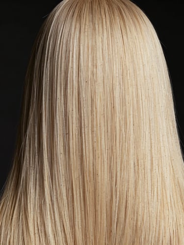 Stark studio-lit hair portrait showcasing high-definition shine and precise structural dimension, deep obsidian background, warm cream tones, 85mm lens