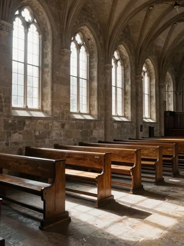 Wide interior of an empty stone church nave, afternoon light streaming through tall arched windows on the left, wooden pews casting long shadows across the stone floor, no people present, overcast natural daylight, contemplative stillness