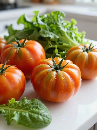 Close-up of vibrant, freshly harvested heirloom tomatoes and crisp greens on a bright kitchen table, natural morning daylight, shallow depth of field