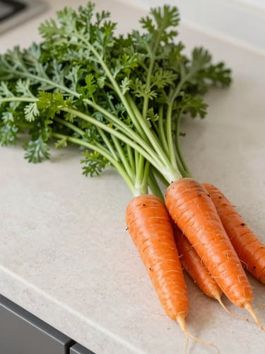 Top-down flat lay of freshly harvested organic heirloom carrots and leafy greens on a light stone kitchen counter, bright natural morning daylight, shallow depth of field