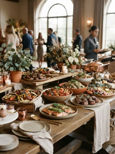 Wide shot of an elegant buffet table set up for an event, with various gourmet dishes beautifully arranged. Soft natural daylight illuminates the scene, highlighting warm desaturated earth tones and elegant styling. Professional staff are subtly visible in the background, 35mm.