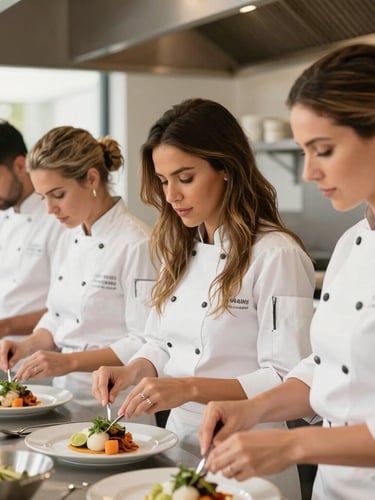 Portrait-oriented shot of Chef Vanessa Barbosa and her team in a professional kitchen, focused on preparing a dish, soft natural daylight, warm desaturated earth tones, elegant styling, shallow depth of field, 35mm, professional photography.