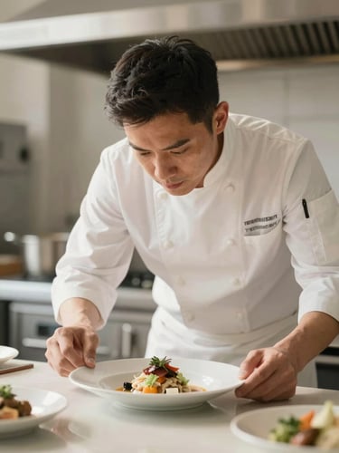 Portrait shot of a professional chef inspecting a dish in a clean, well-organized kitchen, soft natural light, warm desaturated earth tones, candid, 35mm