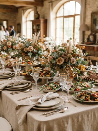 Wide shot of a beautifully set buffet table with elegant place settings and floral arrangements, soft natural daylight, warm desaturated earth tones, elegant styling, shallow depth of field, 35mm, professional photography.
