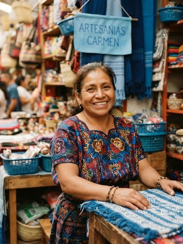 Close-up of a Salvadoran merchant smiling in her vibrant market stall, warm natural golden daylight, corporate blue accents, 35mm