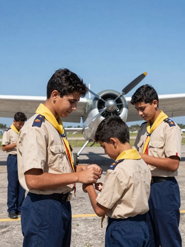 Fotografia documental de jovens escoteiros do ar fardados inspecionando uma aeronave monomotor sob luz solar direta e brilhante, céu azul limpo ao fundo, enquadramento plano médio.