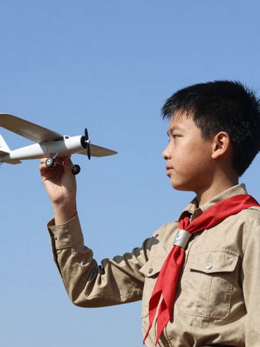 A young scout in uniform looking at a small model airplane under bright daylight, clear blue sky in the background.