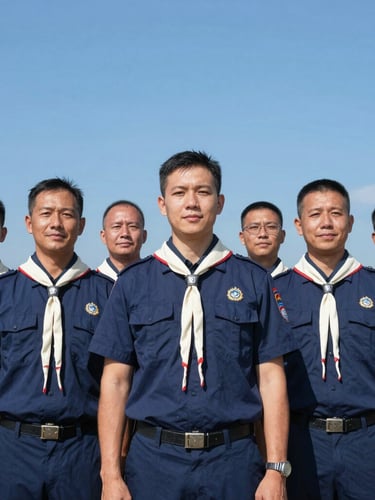 A group of adult scout leaders in navy blue uniforms standing together outdoors under a bright blue sky, smiling confidently, medium shot.