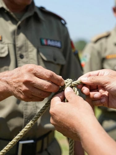Military officers in green uniforms demonstrate how to tie a secure knot with a thick rope.