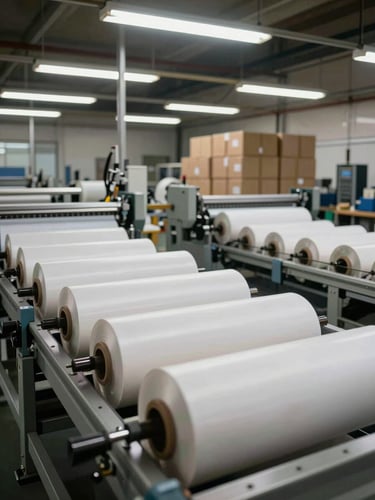 Wide shot of a printing production floor, rolls of packaging material loaded on industrial machines, overhead fluorescent lighting, stacked finished boxes visible in background, no people, factory catalog framing