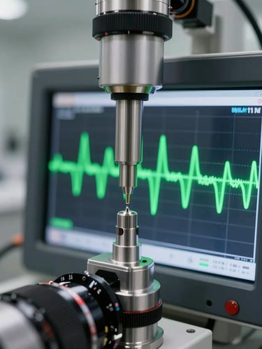 Macro close-up of high-tech ultrasonic testing interface displaying sharp green waves on a dark screen in a clean industrial facility