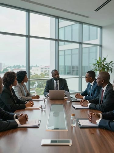 Wide-angle corporate boardroom in Malabo, diverse African executives in discussion, cool daylight streaming through glass facade, high-end architectural lines.