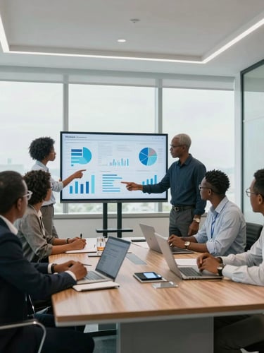 Wide environmental shot of a modern corporate boardroom in Malabo, clean architectural lines, cool daylight, diverse Central African executives analyzing digital charts.