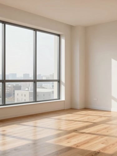 Bright, sunlit modern apartment interior with clean hardwood floors, large window showing soft morning light, real estate editorial photography, 35mm lens.