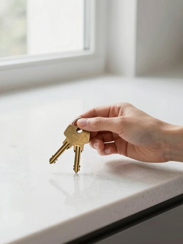 Close-up detail shot of hands holding a brass apartment key over a clean, modern white quartz countertop, soft natural window lighting, high-end real estate editorial.