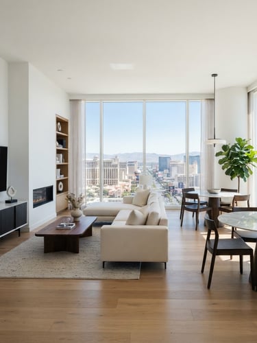 Bright modern apartment interior in Las Vegas with natural window light, clean white walls, minimalist furniture, high-end real estate editorial style