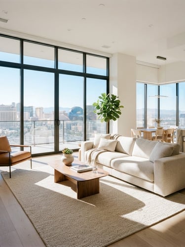 Bright high-key architectural photograph of a modern Las Vegas apartment living room, natural morning sunlight streaming through wide windows, soft shadows on clean minimalist furniture, 35mm lens real estate editorial.