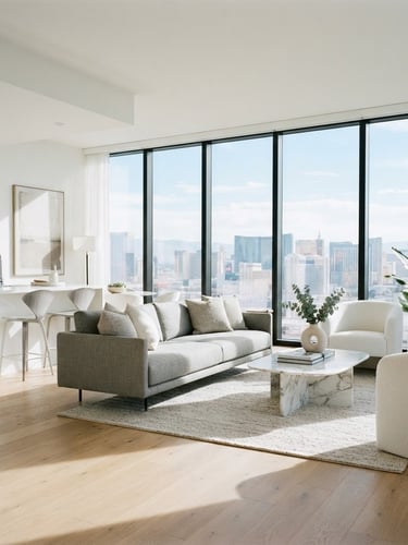 Bright high-key architectural photograph of a modern Las Vegas apartment interior, sunlight streaming through clean windows, minimalist furniture, 35mm lens.
