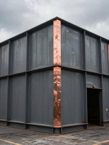 Industrial editorial photography of a massive steel fabrication workshop, dramatic overcast daylight, steel gray and copper tones, sharp focus, 35mm lens