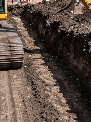 Low-angle shot of clean foundation trench in dark soil, heavy yellow excavator tracks visible on the left, high-contrast daylight.