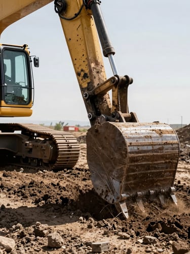 Low-angle heroic shot of a yellow excavator bucket digging into dark Yakima Valley soil, harsh high-contrast daylight, raw earth and steel textures, 35mm