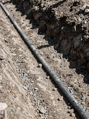 A close-up of a freshly dug clean trench with utility lines laid out, raw gravel texture, high-contrast daylight, 35mm