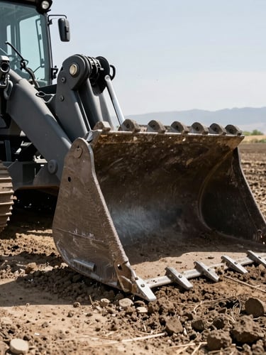 Low-angle gritty shot of a modern backhoe bucket resting on dark soil, Yakima Valley fields in the background, harsh daylight, 35mm